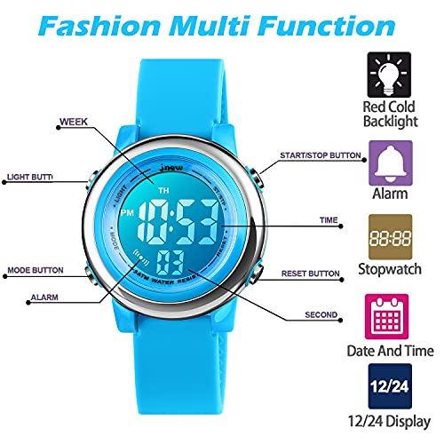 VenSten Kids Digital Sport Watch for Boys Girls, Kid Electrical Outdoor Waterproof Watches with Stopwatch Alarm 7 Color LED Luminescent for Youth Childrens - Blue