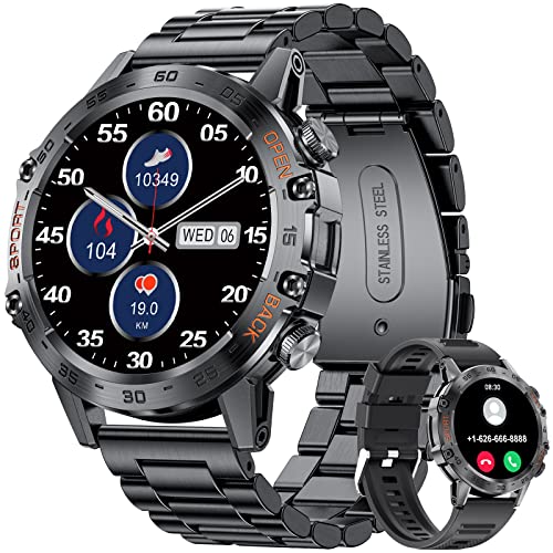 Men Smart Watch Bluetooth Answer/Make Call for Android iOS Phone 400 mAh 1.39" Outdoor Sport Activity Fitness Tracker 2 Watch Straps Black Steel Male Music Smartwatch,Heart Rate Sleep Health Monitor