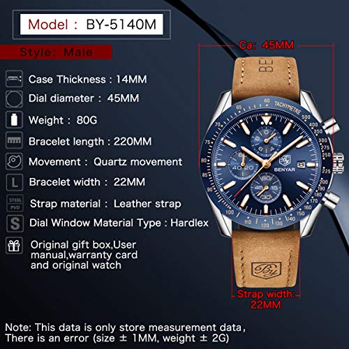 BENYAR Watches for Men Chronograph Analogue Quartz Movement Wrist Watch Fashion Business Sports Watch 30M Waterproof Scratchproof Stylish Elegant Gifts for Men