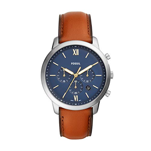 Fossil Watch for Men Neutra Chrono, Quartz Chronograph Movement, 44 mm Silver Stainless Steel Case with a Leather Strap, FS5453