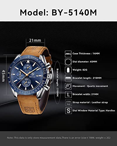 BY BENYAR Mens Watch Chronograph Watches Men Date Analog Quartz Movement Leather Band Stylish Sports Designer Wrist Watch 30M Waterproof Elegant Gift for Men…
