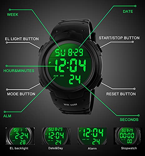 VDSOW Mens Sports Digital Watches - Outdoor Waterproof Sport Watch with Alarm/Timer, Big Face Military Wrist Watches with LED Backlight for Running Men - Black