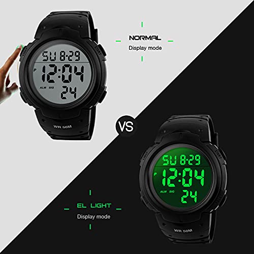 VDSOW Mens Sports Digital Watches - Outdoor Waterproof Sport Watch with Alarm/Timer, Big Face Military Wrist Watches with LED Backlight for Running Men - Black