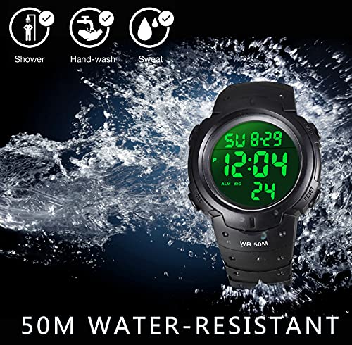 VDSOW Mens Sports Digital Watches - Outdoor Waterproof Sport Watch with Alarm/Timer, Big Face Military Wrist Watches with LED Backlight for Running Men - Black