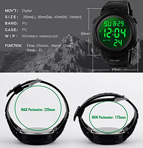 VDSOW Mens Sports Digital Watches - Outdoor Waterproof Sport Watch with Alarm/Timer, Big Face Military Wrist Watches with LED Backlight for Running Men - Black
