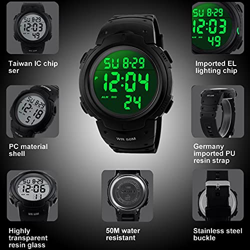 VDSOW Mens Sports Digital Watches - Outdoor Waterproof Sport Watch with Alarm/Timer, Big Face Military Wrist Watches with LED Backlight for Running Men - Black
