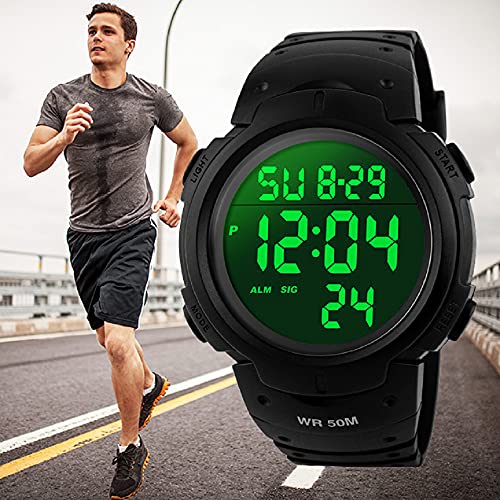 VDSOW Mens Sports Digital Watches - Outdoor Waterproof Sport Watch with Alarm/Timer, Big Face Military Wrist Watches with LED Backlight for Running Men - Black