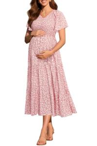 Pink Floral Maternity Dress for Baby Showers