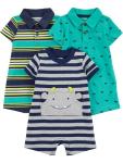 3-Pack Baby Boys' Rompers - Dinosaurs & Stripes