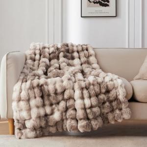 COOVA Faux Fur Throw Blanket for Couch, Cozy Soft and Fuzzy Plush Rabbit Fur Bubble Blanket for Sofa Bedroom Living Room, 50x60 Inches Tie Dye Brown