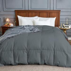 Goose Feather Comforter King Size, 100% Cotton Duvet Insert All Season, Bed Comforter Quilted with 8 Corner Tabs Hotel Luxury Fluffy Duvet Insert, 106 x 90 Inch, Machine Washable, Grey