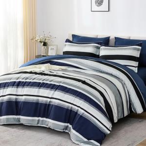 WONGS BEDDING Queen Comforter Set, 7 Pieces Blue Comforter Set Queen, Soft Striped Bed in a Bag Bedding Set with Comforter, Flat Sheet, Fitted Sheet, Pillow Shams, Pillowcase