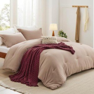 Bedsure King Comforter Set with Throw Blanket - 5 Pieces Boho Bedding, Down Alternative Bed in a Bag,Warm Taupe Bed Set with Comforter, Pillow Shams, Throw Pillow, Chenille Blanket