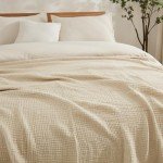 EMME Cotton Bed Blanket Soft Muslin Boho Bedding Lightweight Breathable Twin Blanket All Season Gauze Blanket, Light Tan