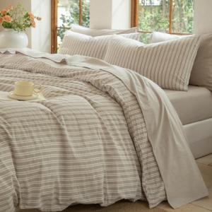 BESTDESIL Bedding Sheet Set 4 Pcs,100% Washed Cotton Linen Like,1 Fitted Sheet,1 Flat Sheet and 2 Pillowcases,Comfy Textured Sheet Set(Beige,King)