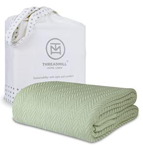 Threadmill Luxury Cotton Blankets Queen Size | All-Season 100% Cotton Blanket for Queen/Full Size Bed | Herringbone Soft Breathable | Sage Green
