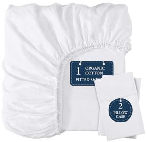 LANE LINEN Fitted Sheet Full Size, 100% Organic Cotton, 3-Piece Set (1 Fitted Sheet, 2 Pillowcases) Percale Weave, Bed Fitted Sheets, Breathable, Fits Mattress Upto 15" Deep - White (No Flat Sheet)