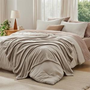 Bedsure Queen Comforter Set Beige, 8 Pieces Prewashed Queen Size Bed in a Bag with Soft Fleece Bed Blanket, Down Alternative Bedding Set for All Seasons, Sheets, Pillowcases & Shams