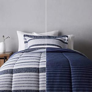 Amazon Basics Twin/Twin XL Size Comforter Sets, Ultra-Soft Lightweight Microfiber Reversible 2-Piece Bedding, Blue Denim/Beige Stripes, Striped