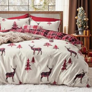 Bedsure Christmas Duvet Cover Queen - Christmas Bedding Set, Reversible Buffalo Check Printed Plaid Duvet Cover, 3 Pieces Bedding Set with 2 Pillow Shams (Queen, Reindeer)