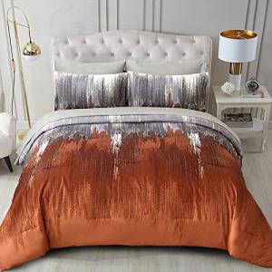 WONGS BEDDING Comforter Set Queen, Thanksgiving Burnt Orange 7 Pieces Bed in a Bag Abstract Gradient Fall Terracotta Bedding Set with Comforter, Flat Sheet, Fitted Sheet, Pillow Shams, Pillowcases