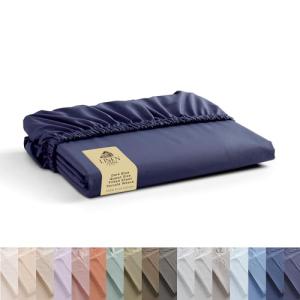 Linen Home 100% Cotton Percale Weave Fitted Sheet, Queen Size, Dark Blue, 1 Deep Pocket Fitted Sheet, Fits Mattress Upto 16" Crisp and Cool Strong Bed Linen, 60"X80"+15"