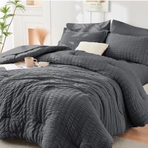 HYMOKEGE Queen Comforter Set Seersucker 7 Pieces, All Season Luxury Bed in a Bag for Bedroom, Bedding Set with Comforters, Sheets, Pillowcases & Shams, Dark Grey