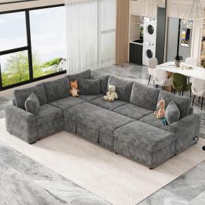 112.2" Sectional Sofa Bed with Storage Ottoman, 3 Pillows & Charging Ports for Living Room, Grey Color