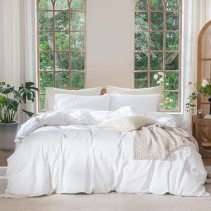 MooMee Bedding Duvet Cover Set 100% Washed Cotton Linen Like Textured Breathable Durable Soft Comfy (Solid Bright White, Queen 90"x90")