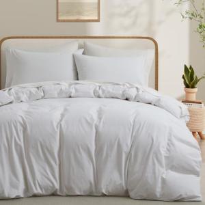 100% Washed Cotton Duvet Cover Queen Size, White Linen Like Breathable Natural Bedding Set (No Comforter), 90x90 Inches