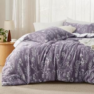Bedsure Queen Comforter Set - Grayish Purple Bed Set, 3 Pieces Cute Floral Bedding, 1 Soft Reversible Botanical Flowers Comforter and 2 Pillow Shams