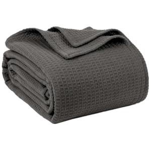 100% Cotton Blankets Queen Size for Bed - Waffle Weave Blankets for Summer, Lightweight and Breathable Soft Woven Blanket for Spring, (Dark Grey, Queen (90" x 90"))