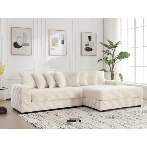 Oversized L Shaped Sofa, Corduroy, Right Chaise, 8 Pillows, Beige, Easy Assembly