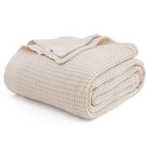 Bedsure Gentlesoft 100% Cotton Blanket Queen Size for Bed - Breathable and Soft, Thick Cozy Waffle Weave Christmas Blanket Gift for Women, Light Beige, 90x90 Inches