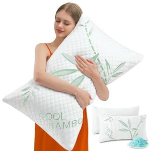 DGPEAR Cooling Pillows, Shredded Memory Foam Pillows Queen Size Set of 2 Adjustable Firm Bamboo Bed Pillows for Hot, Side, Back and Stomach Sleepers