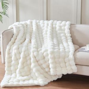 Serenhom 50x60 Inches Ultra-Soft Fuzzy Faux Fur Plush Throw Blanket - Thick, Warm Sherpa for Couch, Sofa, Bedroom, Camping - Decorative Blanket for Cozy Warmth, Bubble Ivory White