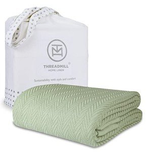 Threadmill Luxury Cotton King Size Blanket | All-Season Cozy Cotton Blankets for King Size Bed | Herringbone Soft Fall Thermal Blanket fits California King Size Bed 106 x 92 | Sage Green
