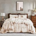 Wonderful 3 Pieces Fluffy Faux Rabbit Fur Bubble Comforter Set Queen Size, Tie-Dyeing Beige Plush Fuzzy Bedding Set, Warm Soft Bubble Comforter Bedding Set for Winter