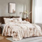 Wonderful 3 Pieces Fluffy Faux Rabbit Fur Bubble Comforter Set Queen Size, Tie-Dyeing Beige Plush Fuzzy Bedding Set, Warm Soft Bubble Comforter Bedding Set for Winter
