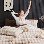 Wonderful 3 Pieces Fluffy Faux Rabbit Fur Bubble Comforter Set Queen Size, Tie-Dyeing Beige Plush Fuzzy Bedding Set, Warm Soft Bubble Comforter Bedding Set for Winter