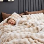 Wonderful 3 Pieces Fluffy Faux Rabbit Fur Bubble Comforter Set Queen Size, Tie-Dyeing Beige Plush Fuzzy Bedding Set, Warm Soft Bubble Comforter Bedding Set for Winter