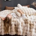 Wonderful 3 Pieces Fluffy Faux Rabbit Fur Bubble Comforter Set Queen Size, Tie-Dyeing Beige Plush Fuzzy Bedding Set, Warm Soft Bubble Comforter Bedding Set for Winter