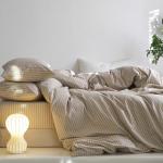 MooMee Striped Duvet Cover Set 100% Washed Cotton Linen Like Textured Breathable Durable Soft Comfy (Tannish Linen Grey White Wide Stripes, King 104"x90")