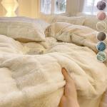Grid Pattern Winter Rabbit Fur 4 Piece Set Double Side Plush Comforter Quilt for Home Bedroom Queen Cozy Quilt Cover Sets 이불 커버
