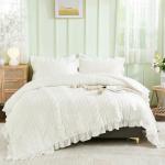 WONGS BEDDING White Queen Comforter Set,Boho Ruffle Comforter for Queen Bed,Soft Seersucker Shabby Chic Bedding Set with 1 Comforter,2 Tufted Pillowcases 90"×90"