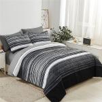 KAKIJUMN 5 Piece Bed in a Bag Stripe Comforter Set Twin Size, White Grey Black Patchwork Striped Comforter and Sheet Set, All Season Soft Microfiber Complete Bedding Sets(Grey,Twin)