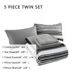 KAKIJUMN 5 Piece Bed in a Bag Stripe Comforter Set Twin Size, White Grey Black Patchwork Striped Comforter and Sheet Set, All Season Soft Microfiber Complete Bedding Sets(Grey,Twin)