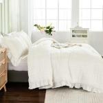 WONGS BEDDING White Queen Comforter Set,Boho Ruffle Comforter for Queen Bed,Soft Seersucker Shabby Chic Bedding Set with 1 Comforter,2 Tufted Pillowcases 90"×90"
