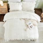 WONGS BEDDING White Queen Comforter Set,Boho Ruffle Comforter for Queen Bed,Soft Seersucker Shabby Chic Bedding Set with 1 Comforter,2 Tufted Pillowcases 90"×90"