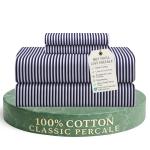Feather & Stitch Softest 100% Cotton Sheets, 300 Thread Count Percale Weave Bedding, 16" Deep Pocket, Cooling Sheets, Breathable Bed Set, Hotel Premium Quality (King, Blue Stripe)